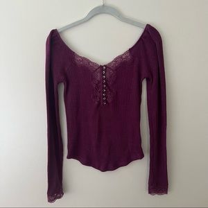 Free People size small, long sleeve, double V neck, purple shirt.